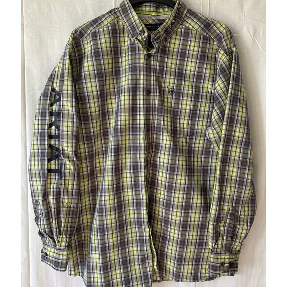 Ariat Pro Series Green Gray Plaid Long Sleeve Button Down Shirt Large - Picture 1 of 8